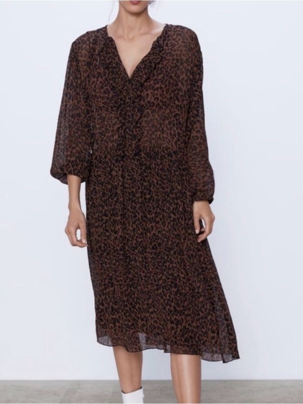 ZARA Animal Print Long Sleeve Dress Drop Waist Ruffle Midi Black Brown Sz. L